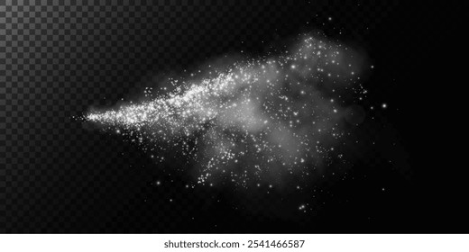 Brillos de polvo y estrellas brillan. Glaseado de colocador, efecto azucarado png, sal y harina de hornear, polvo blanco. Brillo de Vector sobre fondo oscuro transparente. Navidades efecto de luz. Partículas de polvo mágico.