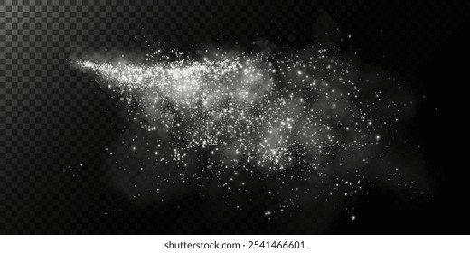 Brillos de polvo y estrellas brillan. Glaseado de colocador, efecto azucarado png, sal y harina de hornear, polvo blanco. Brillo de Vector sobre fondo oscuro transparente. Navidades efecto de luz. Partículas de polvo mágico.