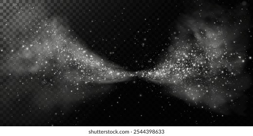 Dust sparkles and stars glow. Placer icing, sugar effect png, baking salt and flour, white powder.Vector glitter on transparent dark background. Christmas light effect. Sparkling magic dust particles.