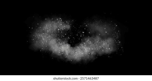 Dust sparkles and stars glow. Placer icing, sugar effect png, baking salt and flour, white powder.Vector glitter on transparent dark background. Christmas light effect. Sparkling magic dust particles.