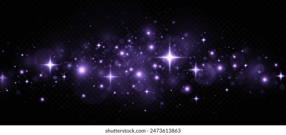 The dust sparks and blue stars shine with special light. Purple dust sparks and blue stars. Christmas Abstract stylish light effect on a black transparent background.