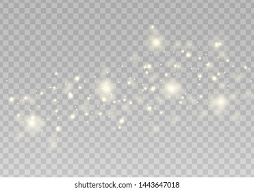 The dust sparks and bright stars shine with special light effect. Luminous background. Vector bokeh lights effect. Sparkles isolated on a transparent background. Christmas concept.