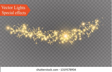 The dust sparks and golden stars shine with special light. Vector sparkles on a transparent background. Christmas light effect. Sparkling magical dust particles.