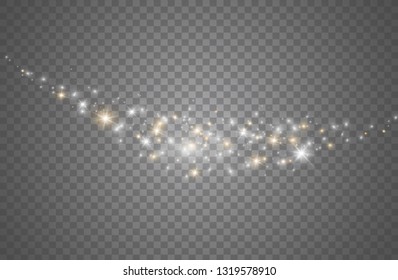 The dust sparks and golden stars shine with special light. Vector sparkles on a transparent background. Christmas light effect. Sparkling magical dust particles.