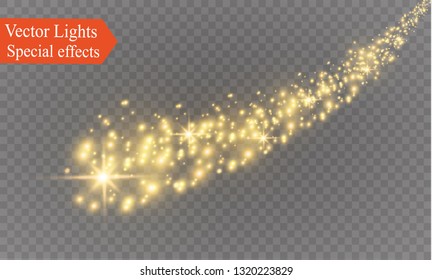The dust sparks and golden stars shine with special light. Vector sparkles on a transparent background. Christmas light effect. Sparkling magical dust particles.