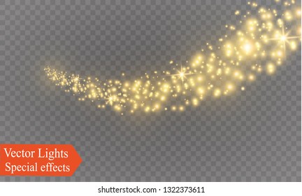 The dust sparks and golden stars shine with special light. Vector sparkles on a transparent background. Christmas light effect. Sparkling magical dust particles.