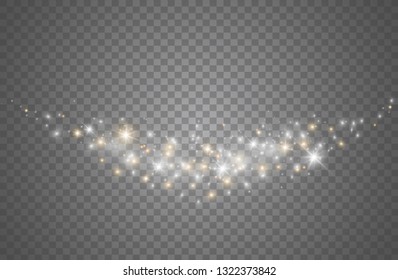 The dust sparks and golden stars shine with special light. Vector sparkles on a transparent background. Christmas light effect. Sparkling magical dust particles.
