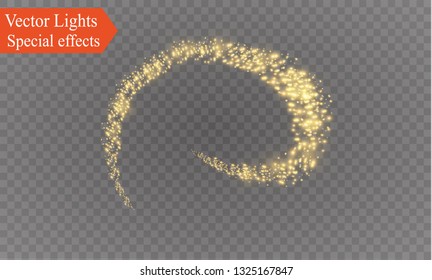 The dust sparks and golden stars shine with special light. Vector sparkles on a transparent background. Christmas light effect. Sparkling magical dust particles.