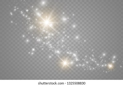 The dust sparks and golden stars shine with special light. Vector sparkles on a transparent background. Christmas light effect. Sparkling magical dust particles.