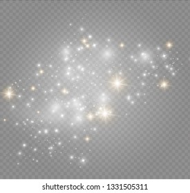 The dust sparks and golden stars shine with special light. Vector sparkles on a transparent background.