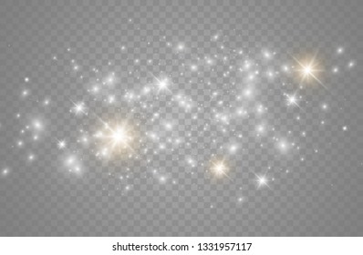 The dust sparks and golden stars shine with special light. Vector sparkles on a transparent background.