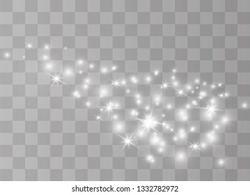 The dust sparks and golden stars shine with special light. Vector sparkles on a transparent background.