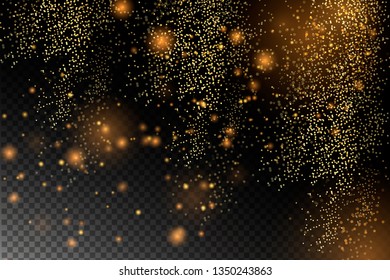 The dust sparks and golden stars shine with special light. Vector sparkles on a transparent background. Christmas light effect. Vector blur in the light of radiance.