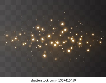 The dust sparks and golden stars shine with special light. Vector sparkles on a transparent background. Christmas light effect. Sparkling magical dust particles.