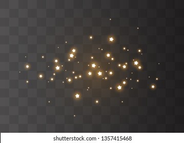 The dust sparks and golden stars shine with special light. Vector sparkles on a transparent background. Christmas light effect. Sparkling magical dust particles.