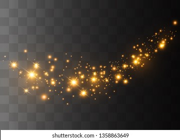 The dust sparks and golden stars shine with special light. Vector sparkles on a transparent background. Christmas light effect. Sparkling magical dust particles.