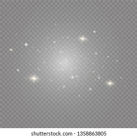 The dust sparks and golden stars shine with special light. Vector sparkles on a transparent background. Christmas light effect. Sparkling magical dust particles.