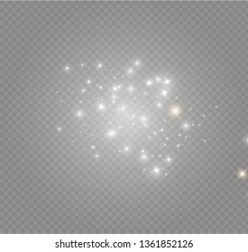 The dust sparks and golden stars shine with special light. Vector sparkles on a transparent background. Christmas light effect. Sparkling magical dust particles.
