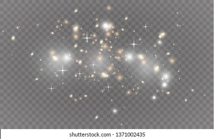 The dust sparks and golden stars shine with special light. Vector sparkles on a transparent background. Christmas light effect. Sparkling magical dust particles.
