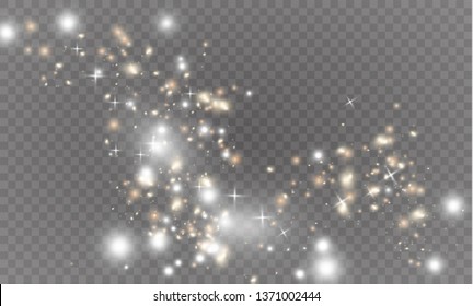 The dust sparks and golden stars shine with special light. Vector sparkles on a transparent background. Christmas light effect. Sparkling magical dust particles.