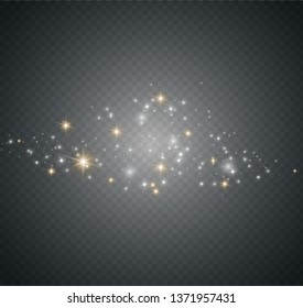 The dust sparks and golden stars shine with special light. Vector sparkles on a transparent background. Christmas light effect. Sparkling magical dust particles.
