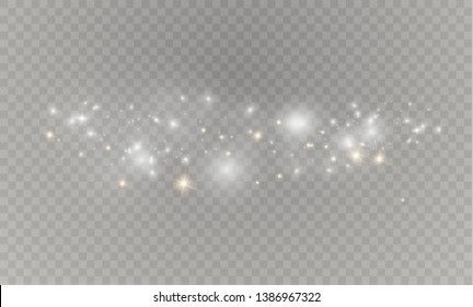 The dust sparks and golden stars shine with special light. Vector sparkles on a transparent background. Christmas light effect. Sparkling magical dust particles.