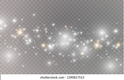 The dust sparks and golden stars shine with special light. Vector sparkles on a transparent background. Christmas light effect. Sparkling magical dust particles.