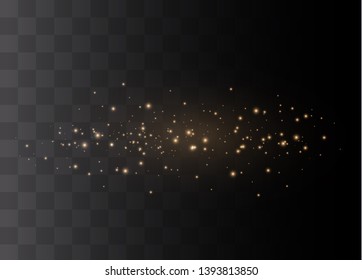 The dust sparks and golden stars shine with special light. Vector sparkles on a transparent background. Christmas light effect. Sparkling magical dust particles.