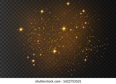 The dust sparks and golden stars shine with special light. Sparkling magical dust particles. Vector sparkles on a transparent background. Christmas light effect.