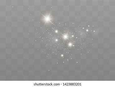 The dust sparks and golden stars shine with special light. Vector sparkles on a transparent background. Christmas light effect. Sparkling magical dust particles.