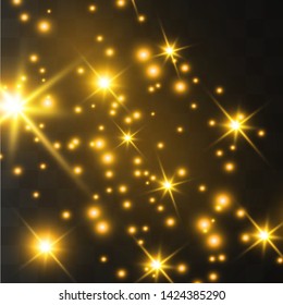 The dust sparks and golden stars shine with special light. Sparkling magical dust particles. Vector sparkles on a transparent background. Christmas light effect.