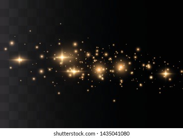 The dust sparks and golden stars shine with special light. Vector sparkles on a transparent background. Christmas light effect. Sparkling magical dust particles.