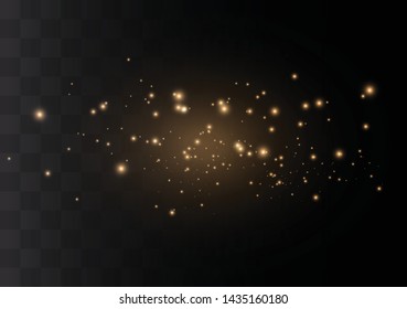 The dust sparks and golden stars shine with special light. Vector sparkles on a transparent background. Christmas light effect. Sparkling magical dust particles.