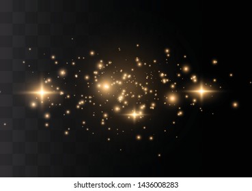 The dust sparks and golden stars shine with special light. Vector sparkles on a transparent background. Christmas light effect. Sparkling magical dust particles.
