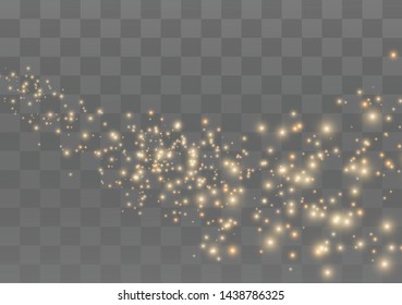 The dust sparks and golden stars shine with special light. Vector sparkles on a transparent background. Christmas light effect. Sparkling magical dust particles.