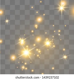 The dust sparks and golden stars shine with special light. Sparkling magical dust particles. Vector sparkles on a transparent background. Christmas light effect.