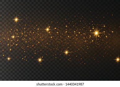 The dust sparks and golden stars shine with special light. Sparkling magical dust particles. Vector sparkles on a transparent background. Christmas light effect.