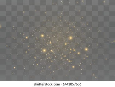 The dust sparks and golden stars shine with special light. Vector sparkles on a transparent background. Christmas light effect. Sparkling magical dust particles.