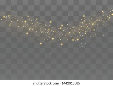 The dust sparks and golden stars shine with special light. Vector sparkles on a transparent background. Christmas light effect. Sparkling magical dust particles.