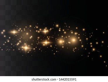 The dust sparks and golden stars shine with special light. Vector sparkles on a transparent background. Christmas light effect. Sparkling magical dust particles.
