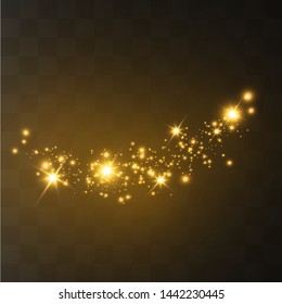 The dust sparks and golden stars shine with special light. Sparkling magical dust particles. Vector sparkles on a transparent background. Christmas light effect.