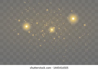 The dust sparks and golden stars shine with special light. Vector sparkles on a transparent background. Christmas light effect. Sparkling magical dust particles.