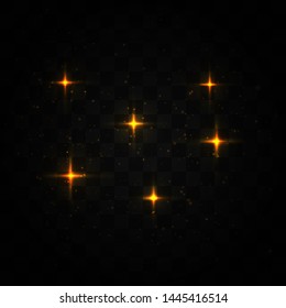 The dust sparks and golden stars shine with special light. Vector sparkles on a transparent background. Christmas light effect. Sparkling magical dust particles.