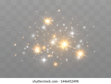 The dust sparks and golden stars shine with special light. Vector sparkles on a transparent background. Christmas light effect. Sparkling magical dust particles.