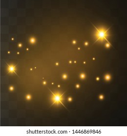 The dust sparks and golden stars shine with special light. Sparkling magical dust particles. Vector sparkles on a transparent background. Christmas light effect.