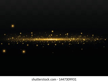 The dust sparks and golden stars shine with special light. Vector sparkles on a transparent background. Christmas light effect. Sparkling magical dust particles.