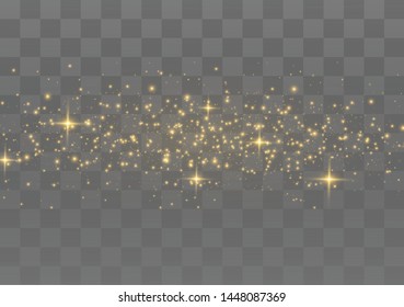 The dust sparks and golden stars shine with special light. Vector sparkles on a transparent background. Christmas light effect. Sparkling magical dust particles.