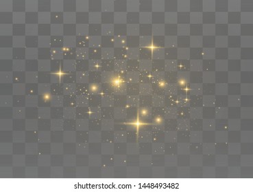 The dust sparks and golden stars shine with special light. Vector sparkles on a transparent background. Christmas light effect. Sparkling magical dust particles.