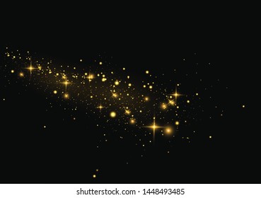 The dust sparks and golden stars shine with special light. Vector sparkles on a transparent background. Christmas light effect. Sparkling magical dust particles.