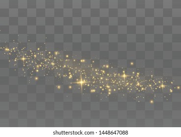 The dust sparks and golden stars shine with special light. Vector sparkles on a transparent background. Christmas light effect. Sparkling magical dust particles.